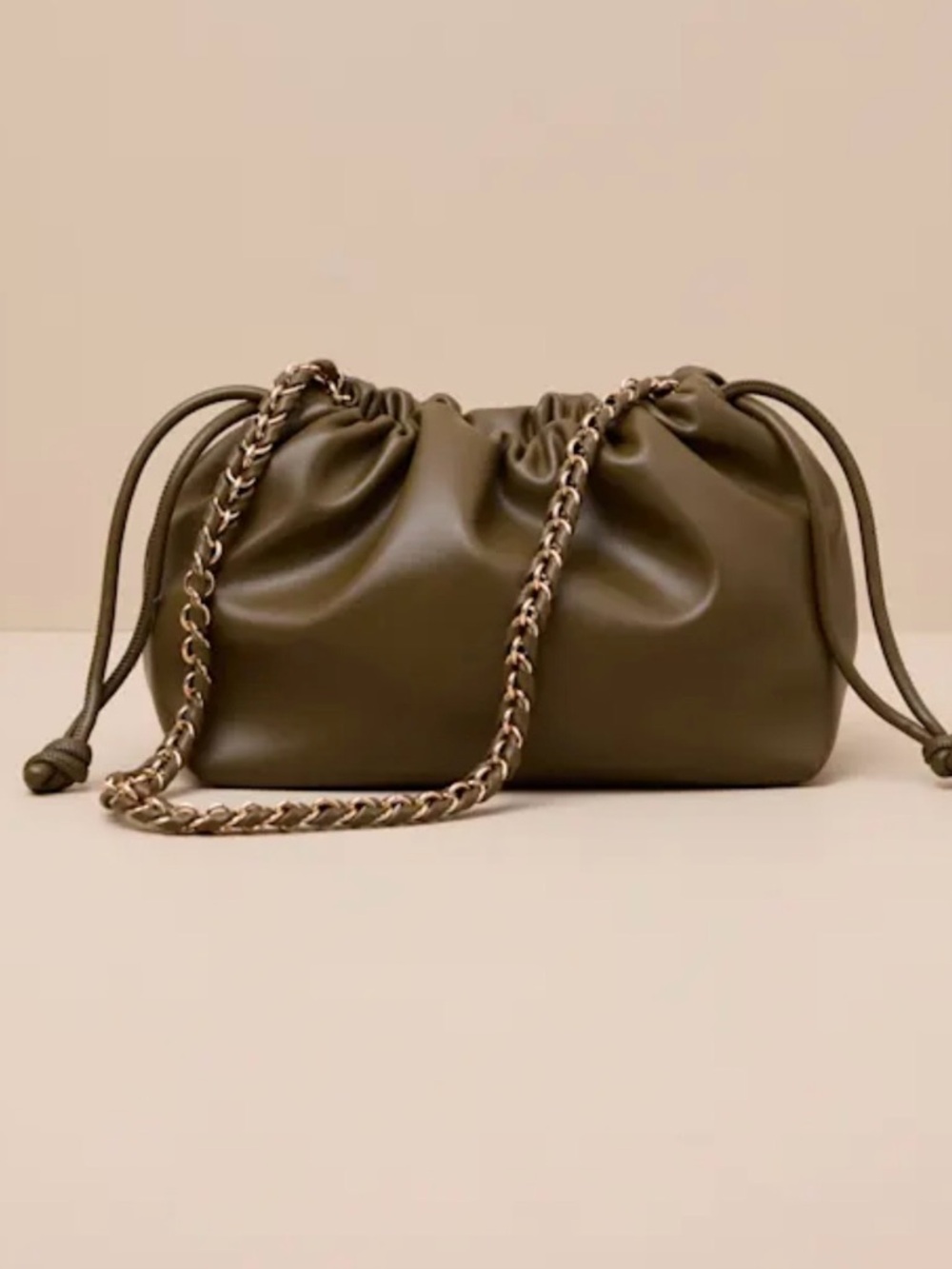 Lulu’s Olive Drawstring Pouch Shoulder Bag with Chain Strap